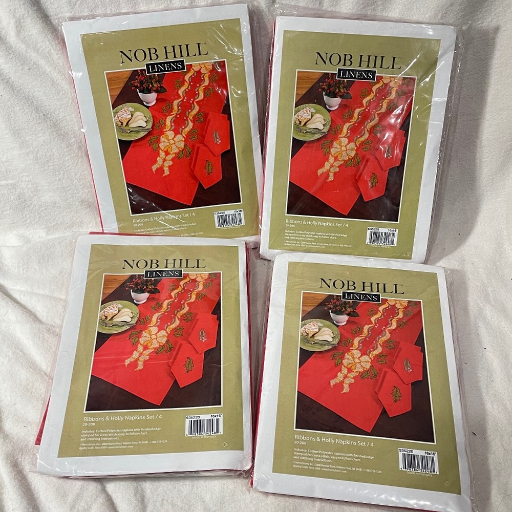 Lot of 4 Ribbons & Holly Napkins Cross Stitch Kits NEW